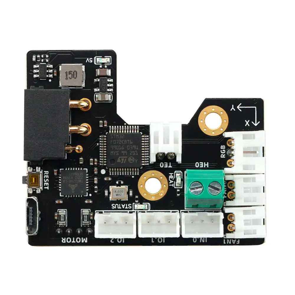 Cara frontal de la FYSETC SB CAN ToolHead V1.3 con conectores de motor, termistor, calentador, ventiladores, sonda y RGB