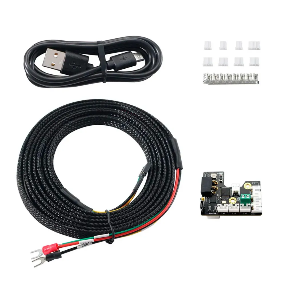 Contenido del kit FYSETC SB CAN ToolHead V1.3: placa, cable CAN y alimentación de 2,5 m, cable USB y terminales