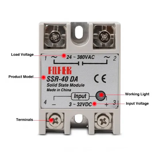 SSR-40DA solid-state relay — 40 A nominal, 3–32 V DC input and 24–380 V AC output