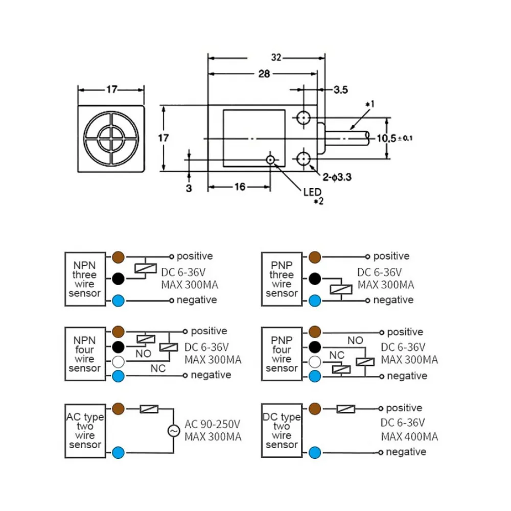 Dimensions and generic wiring diagrams for the TL-Q5MC2-type inductive sensor