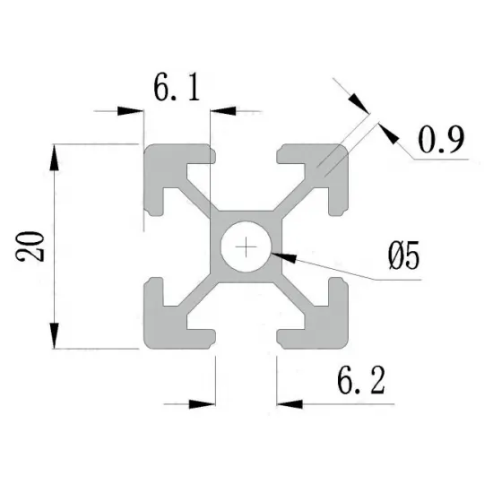 Perfil estructural de aluminio anodizado 2020, serie europea ranura 6 – 20 × 20 mm, 1 m