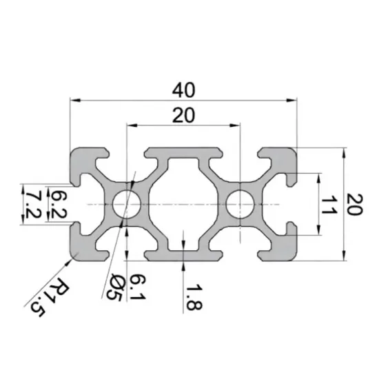 Perfil estructural de aluminio anodizado 2040, serie europea ranura 6 – 20 × 40 mm, 1 m