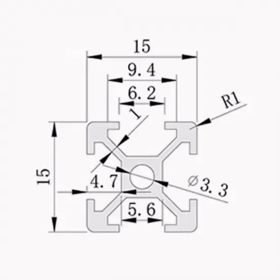 Perfil estructural de aluminio anodizado 1515 ranurado – 15 × 15 mm, 1 m