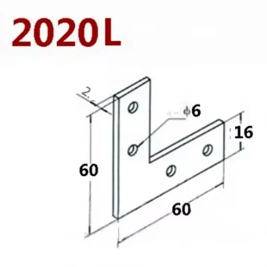 Placa de unión exterior en L para perfiles de aluminio serie 20 — 60 × 60 × 2 mm