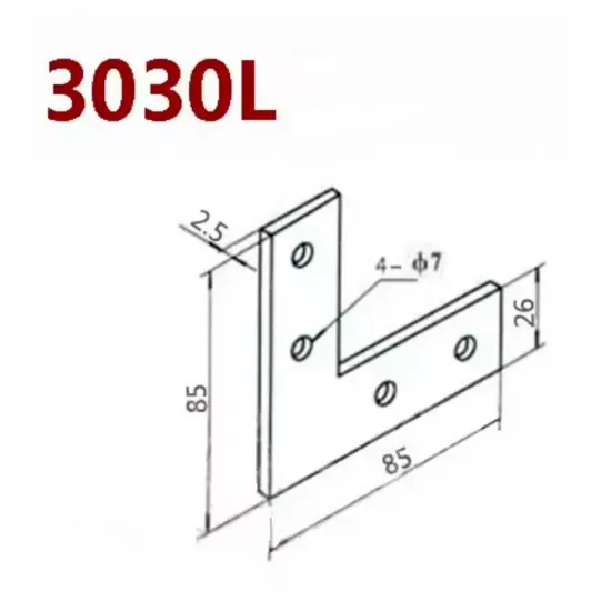 Placa de unión exterior en L para perfiles de aluminio serie 30 — 85 × 85 × 2,5 mm