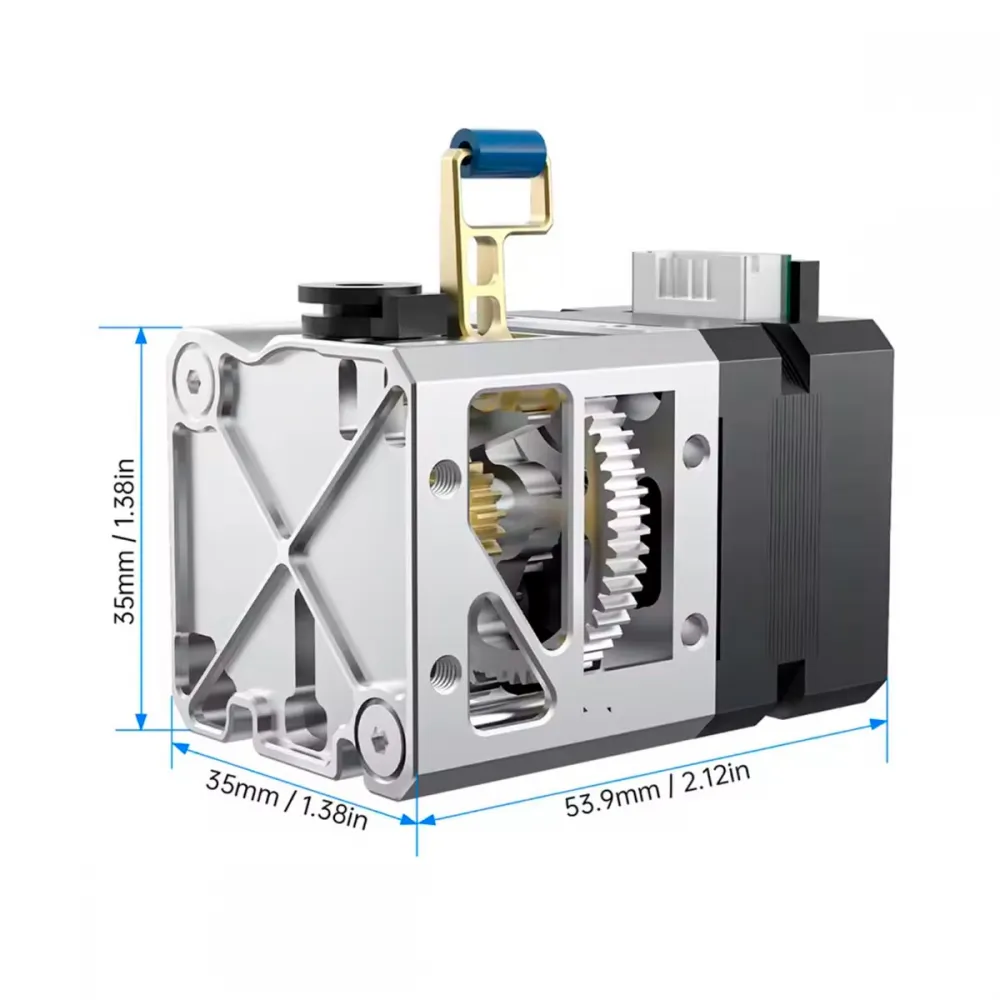 Dimensiones principales del extrusor BIQU H2 V2X con cuerpo de 35 por 35 mm y longitud de 53,9 mm