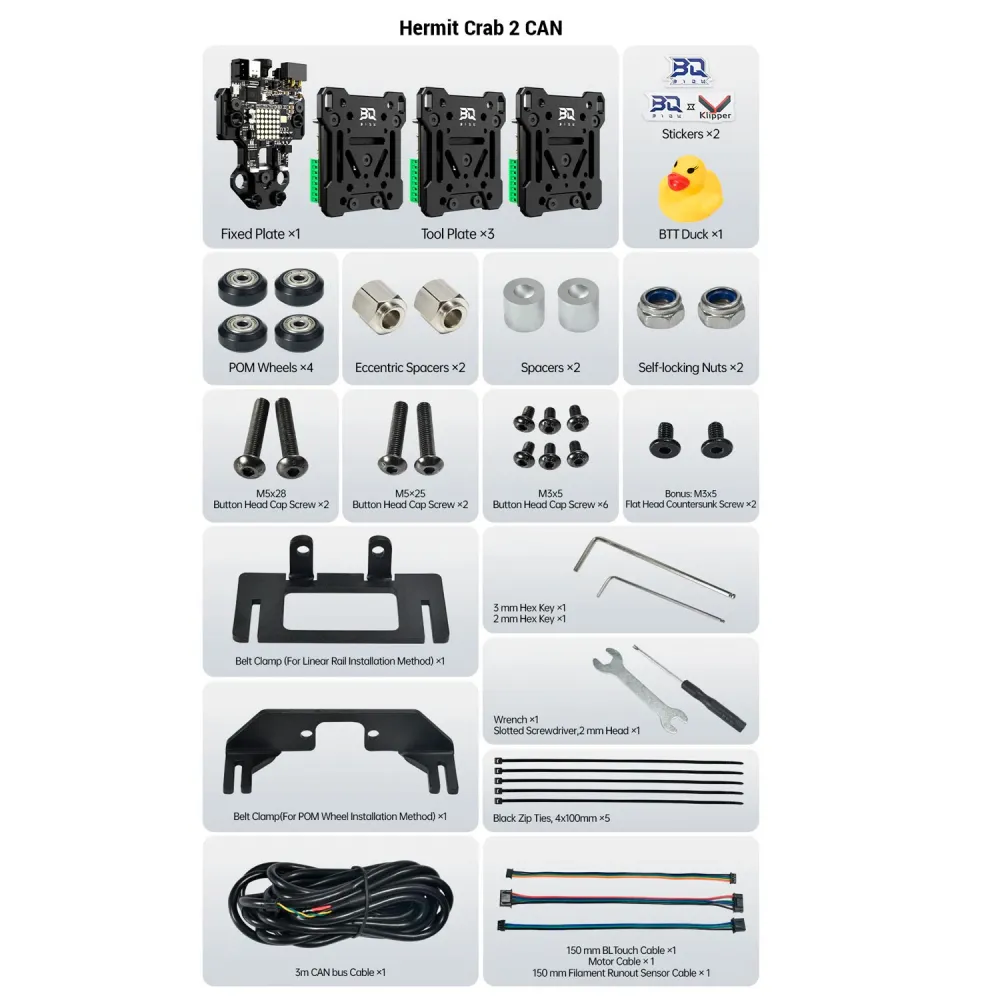 Contenido del kit Hermit Crab V2 CAN con placa fija, tres placas móviles, cable CAN y accesorios