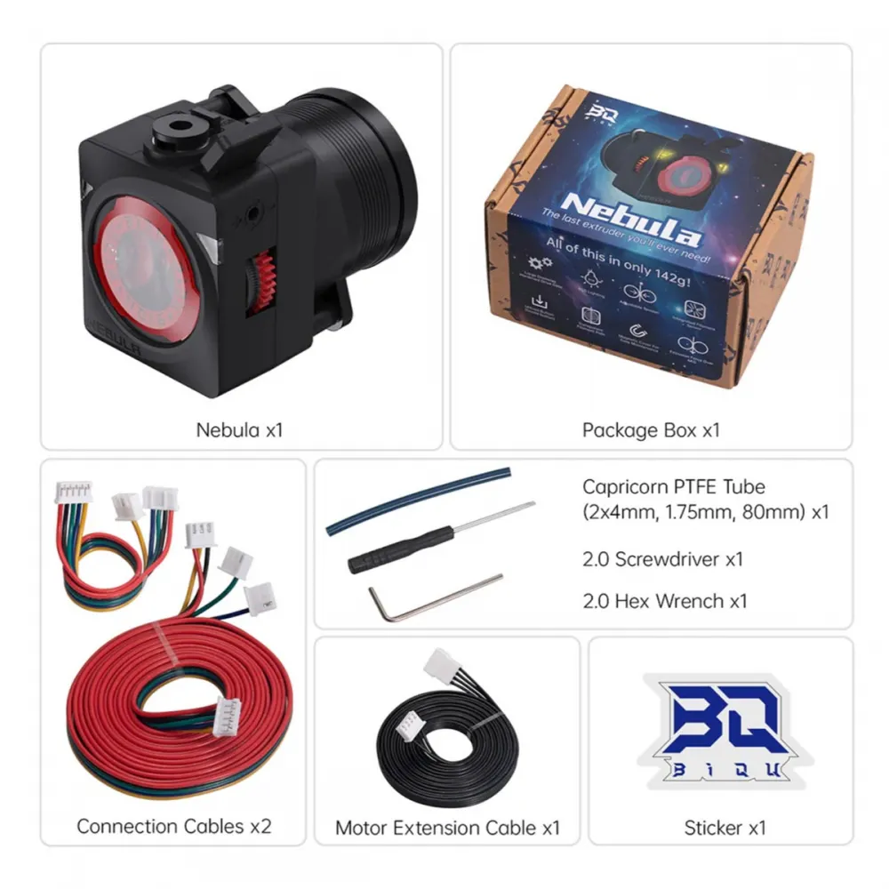Contenido del BIQU Nebula con extrusor, cables, tubos PTFE, herramientas y adhesivo
