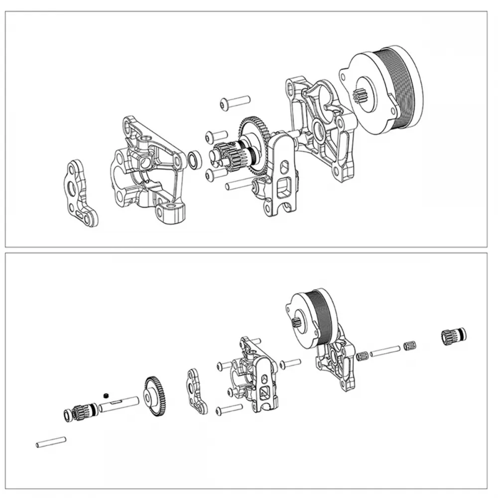 Vista explosionada del extrusor FYSETC Sherpa Mini V1.5 y sus engranajes de transmisión y arrastre