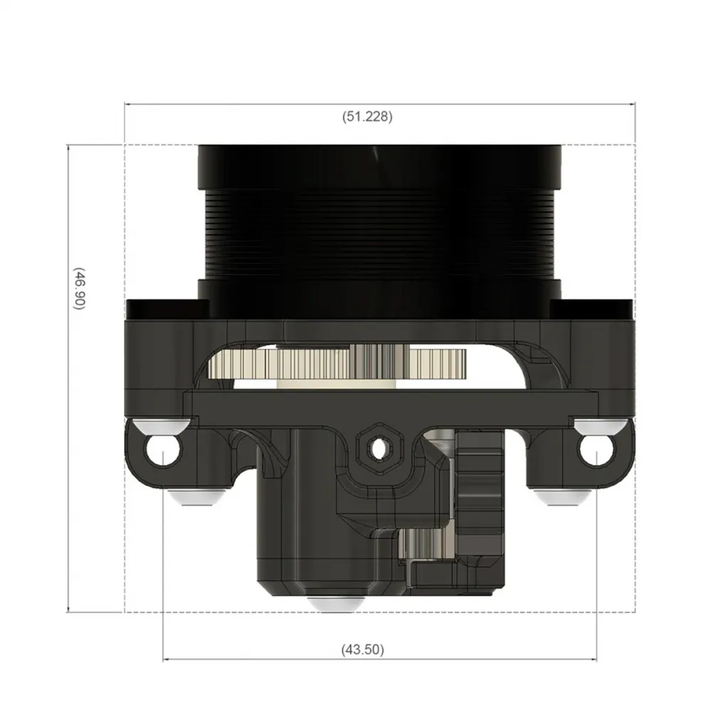 Plano frontal del extrusor FYSETC Sherpa Mini V1.5 con dimensiones exteriores y separación inferior de montaje