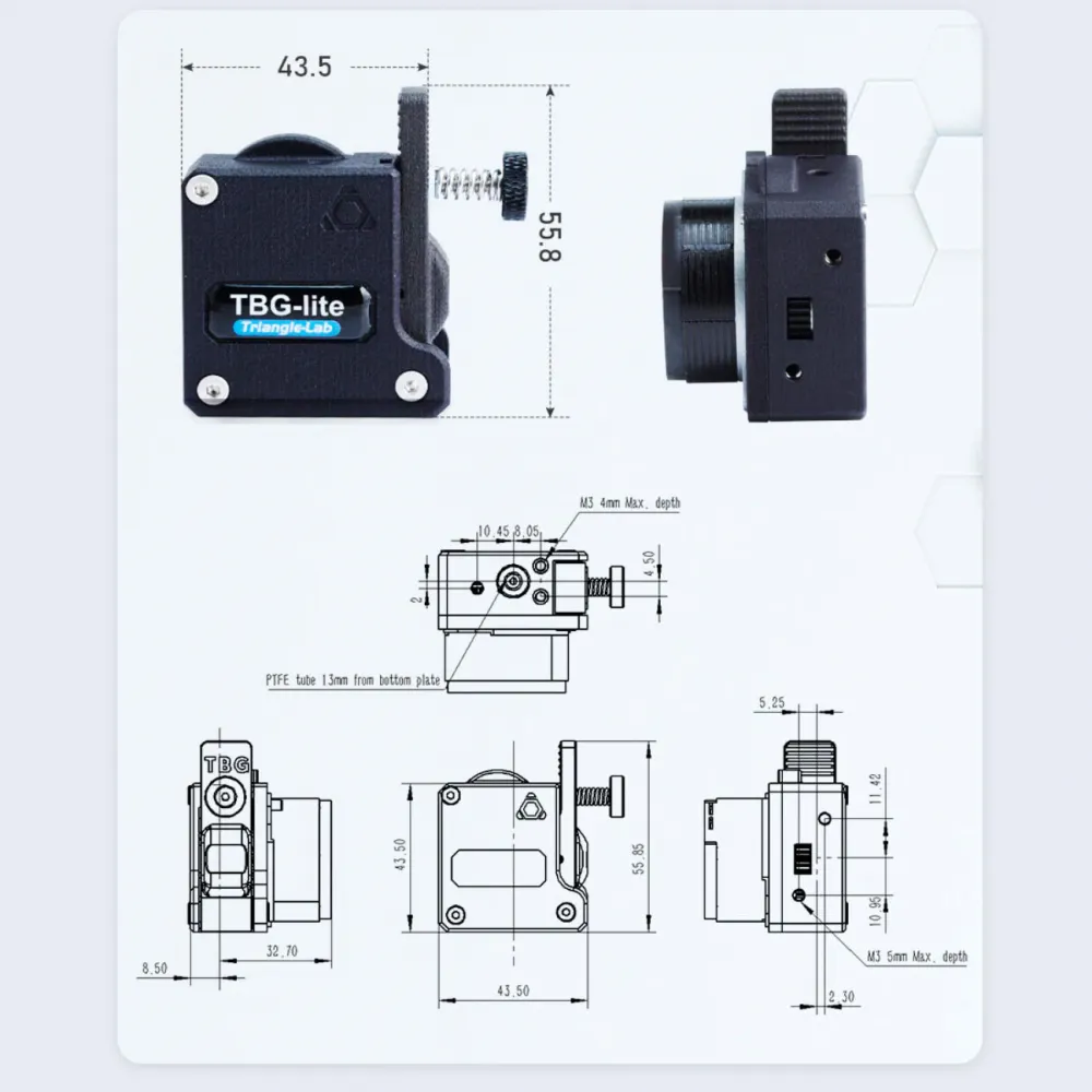 Plano dimensional del extrusor TBG-Lite con cotas, roscas M3 y profundidad del tubo PTFE