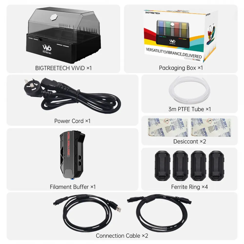 Contenido ilustrado del paquete ViViD: unidad principal, buffer, cable, tubo PTFE, desecante, ferritas y cables de conexión
