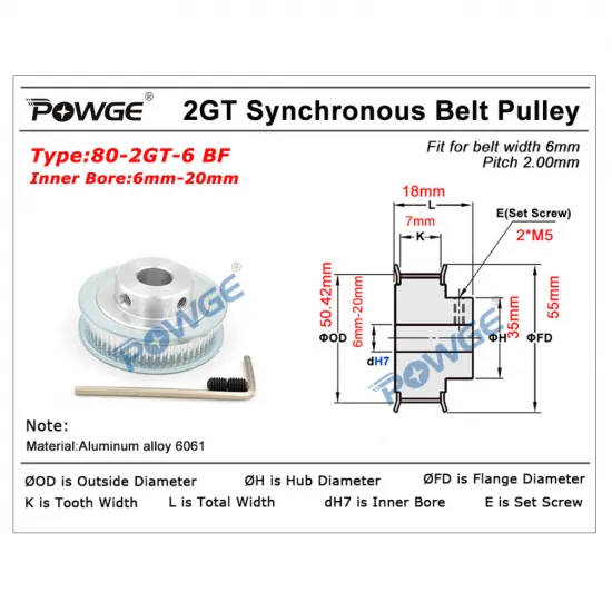 Polea dentada GT2 POWGE 80T para correa de 6 mm, eje de 5 mm