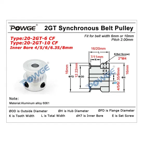 Plano POWGE de la polea motriz GT2 20T para correas de 6 y 10 mm