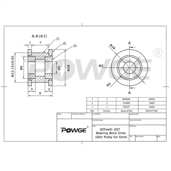 Polea loca dentada GT2 POWGE 20T con rodamiento para correa de 6 mm, DI 5 mm