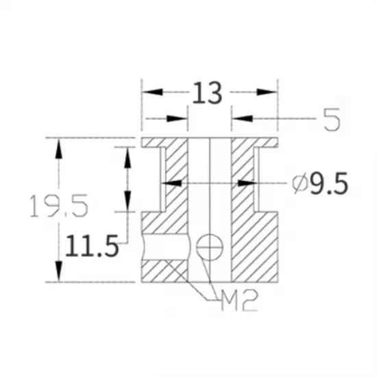 Plano de medidas de la polea motriz GT2 de 16 dientes para eje de 5 mm y correa de 9 o 10 mm