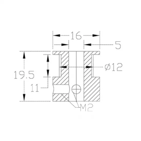 Plano de medidas de la polea motriz GT2 de 20 dientes para eje de 5 mm y correa de 9 o 10 mm