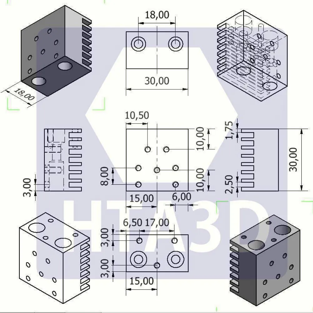 Plano de dimensiones del disipador dual estilo Chimera con separación de 18 mm