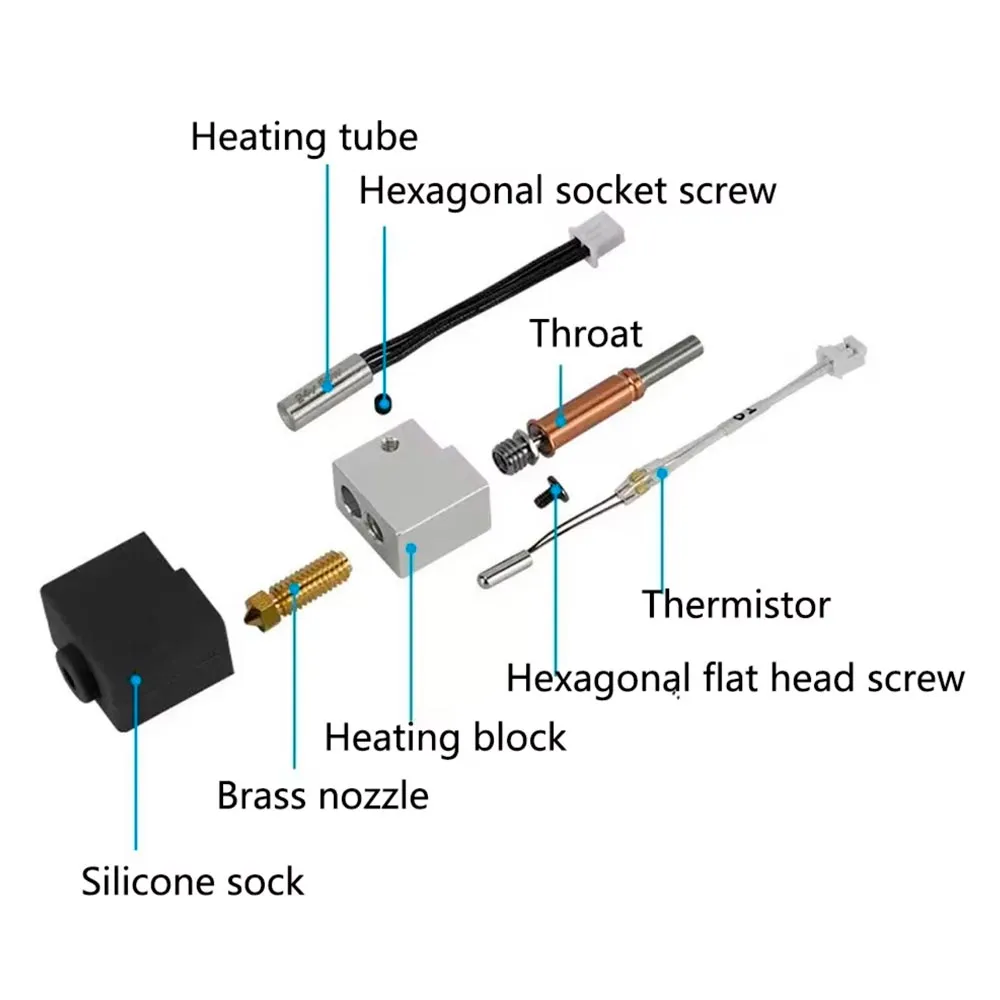 Despiece del kit de hotend para Anycubic Kobra 3 con bloque, cartucho, termistor, garganta, boquilla y calcetín