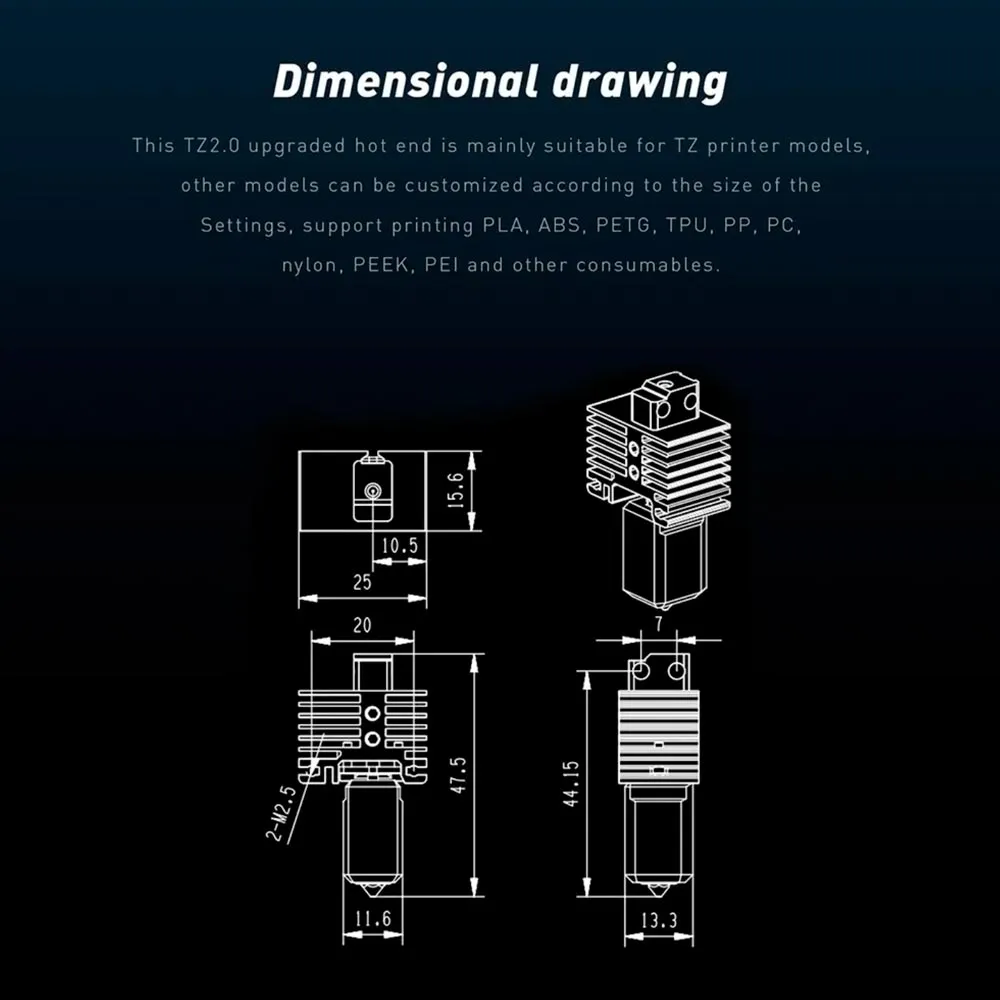 Plano dimensional del hotend TZ 2.0 para Bambu Lab X1 y P1 con altura aproximada de 47,5 milímetros