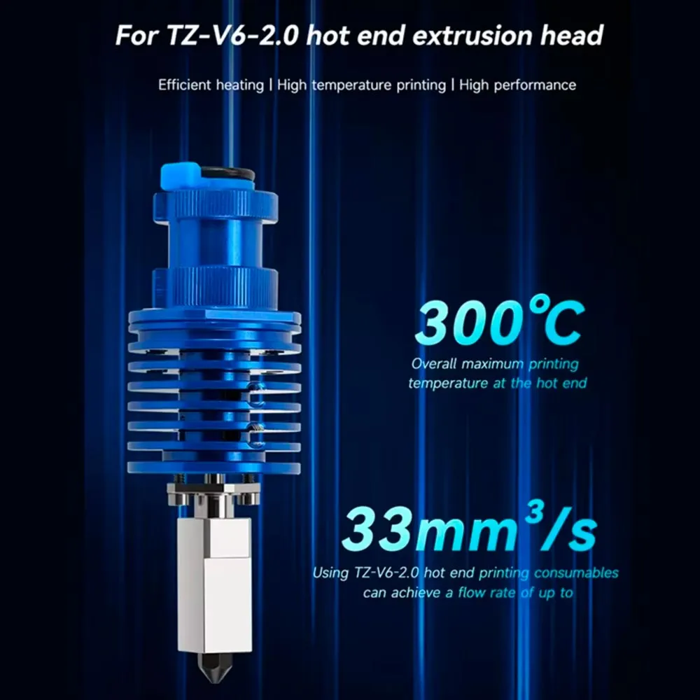 Rendimiento publicado del hotend TZ-V6 2.0: máximo de 300 grados Celsius y caudal de hasta 33 milímetros cúbicos por segundo