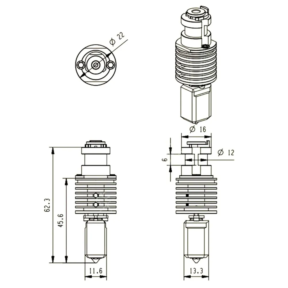 Plano dimensional del hotend TZ-V6 2.0 con longitud total de 62,3 milímetros y disipador de 22 milímetros