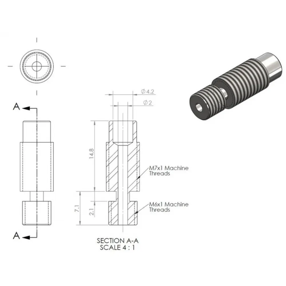 Plano de la garganta de titanio V6 con longitud de 21,9 mm, roscas M7 y M6 y paso interior de 2 mm