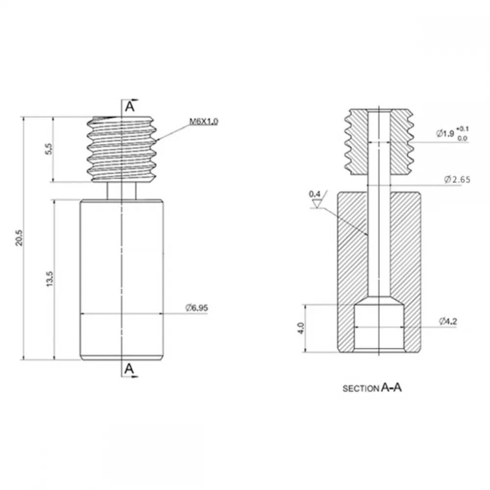 Plano dimensional de la garganta bimetálica M6 con cuerpo liso de 6,95 mm