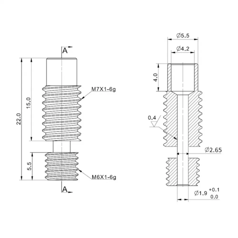 Plano dimensional de la garganta bimetálica M6 M7 de 22 mm