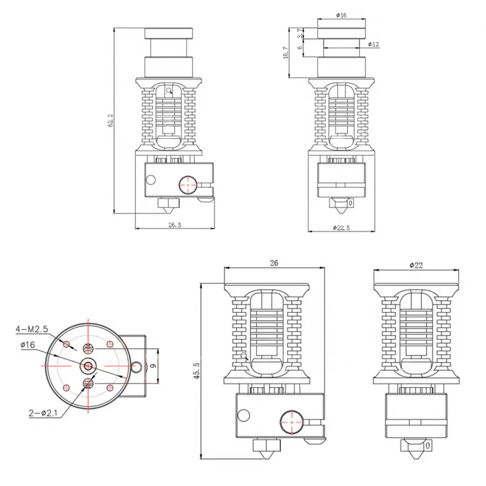Plano de dimensiones y patrones de montaje del hotend Trianglelab Dragon SF y HF