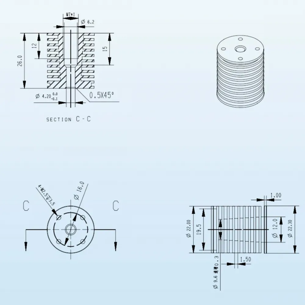 Dimensional drawing of the Trianglelab V6DM heatsink with M7 thread and M2.5 mounting
