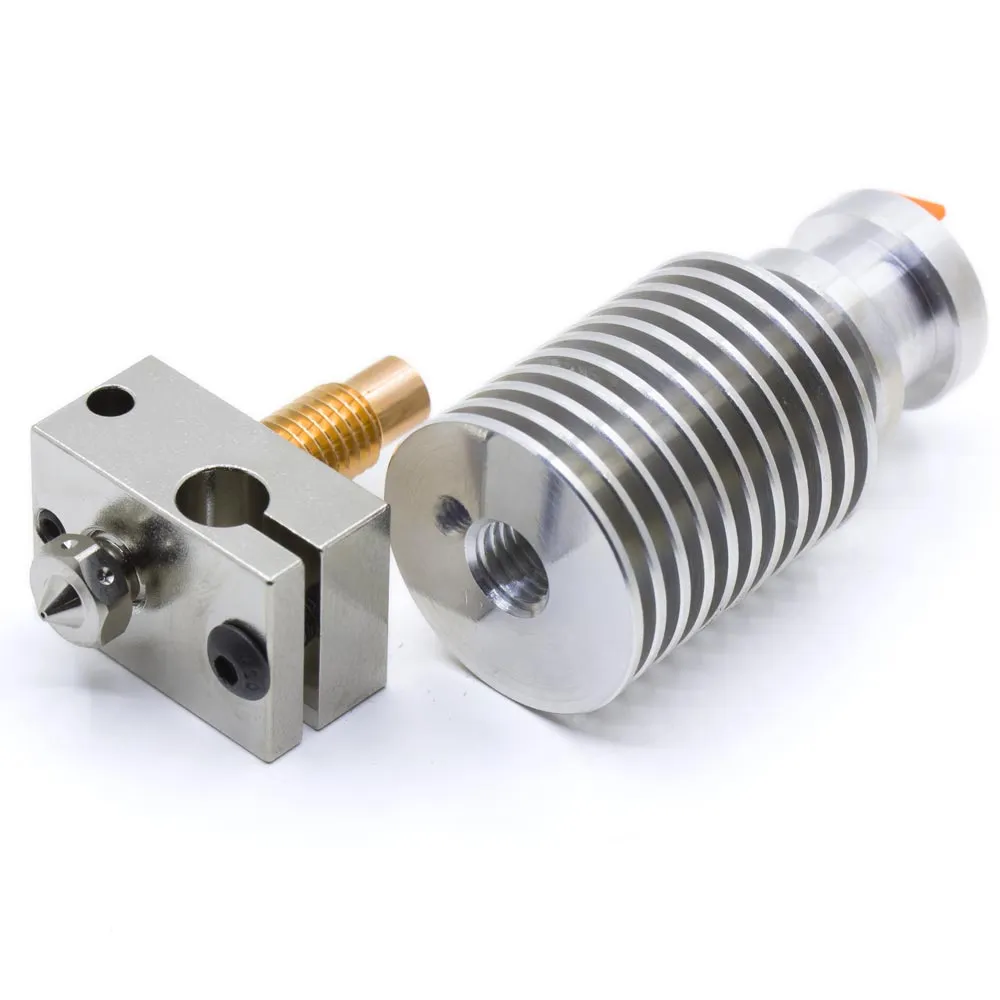 Componentes principales del hotend V6 compacto: disipador, garganta, bloque y boquilla