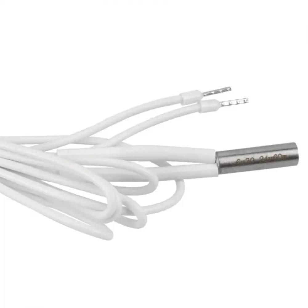 Cartucho calefactor cilíndrico marcado 6x20, 24 V y 60 W con cable blanco
