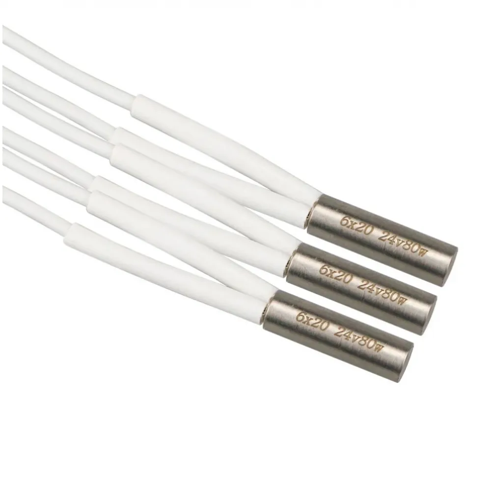 Cartuchos calefactores cilíndricos marcados 6x20, 24 V y 80 W con cable blanco