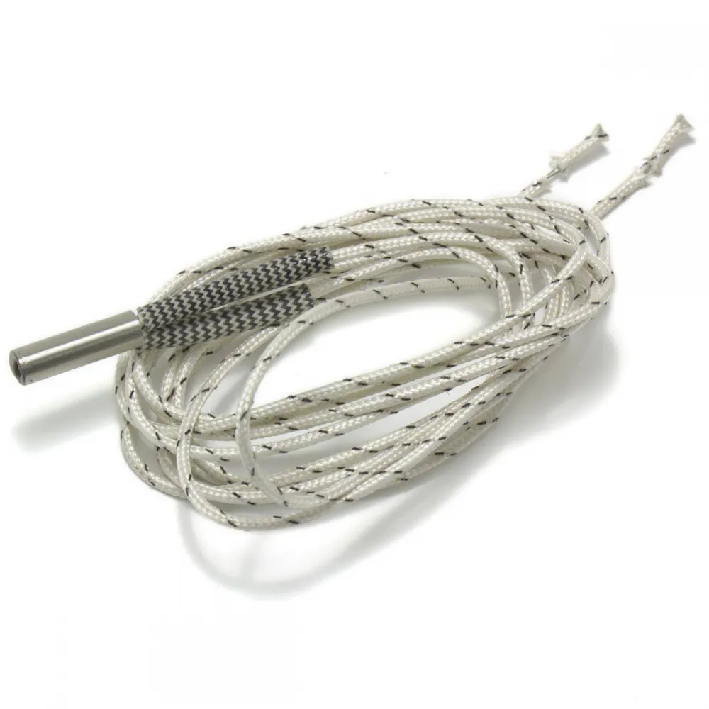 Cartucho calefactor cilíndrico de 24 V y 50 W con cables protegidos mediante funda trenzada