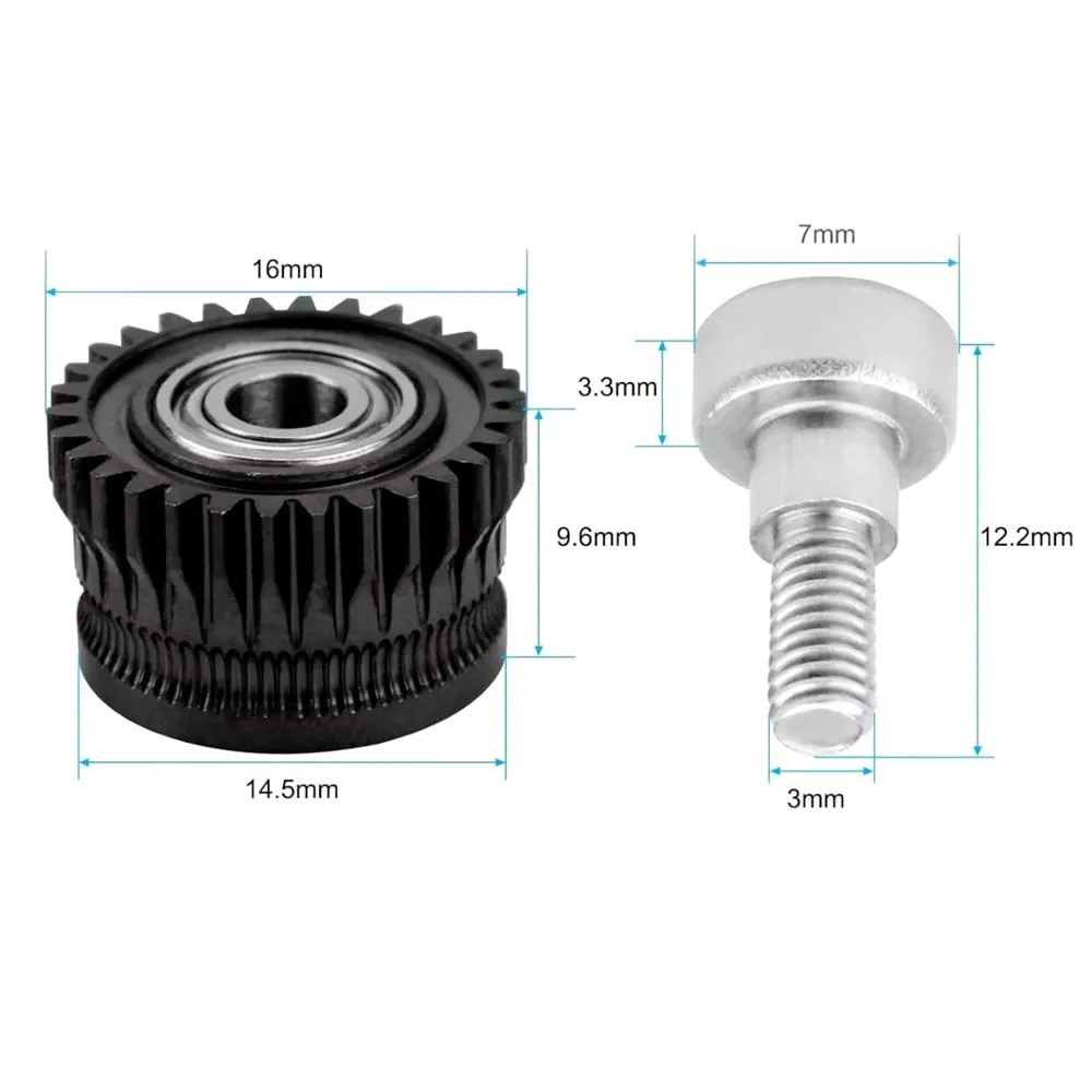 Plano con cotas de un engranaje de arrastre y un tornillo del recambio para extrusor Creality tipo K1