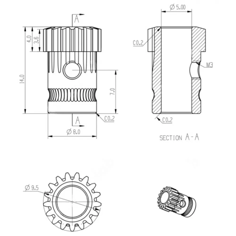Plano con medidas nominales del engranaje primario Trianglelab para eje de motor de 5 mm