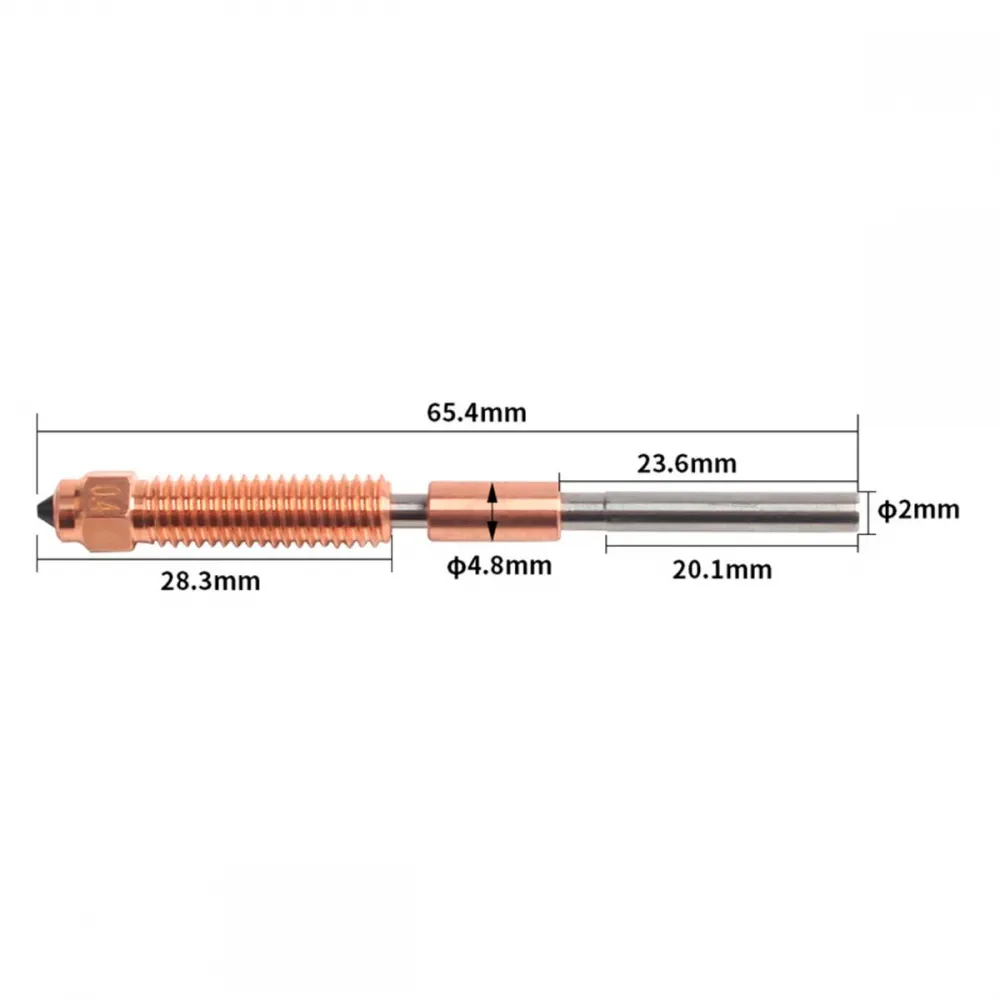 Plano de la boquilla integrada de 0,4 mm con longitud total de 65,4 mm y cotas del vástago