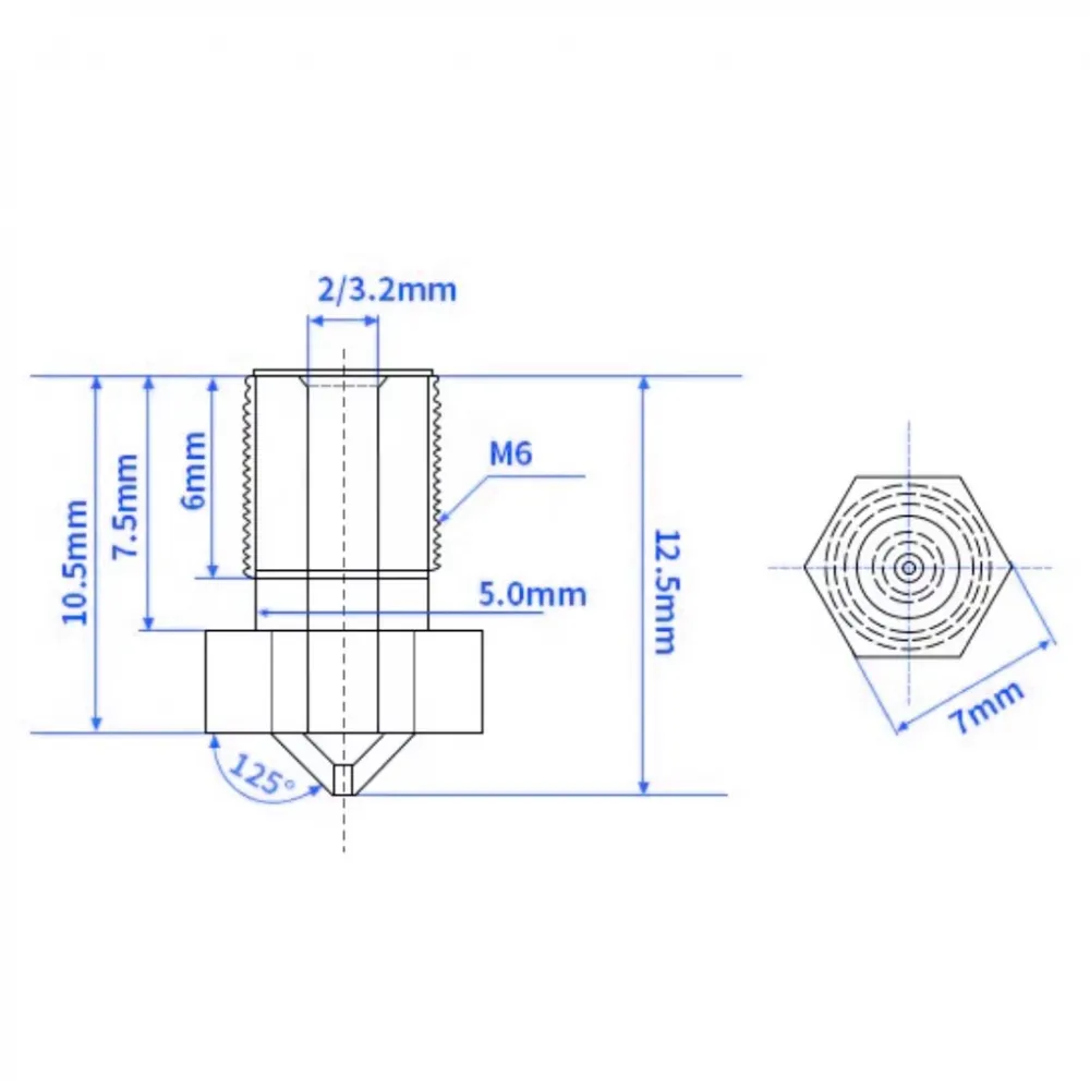Plano de boquilla V6 de 12,5 mm con rosca M6 y hexágono de 7 mm