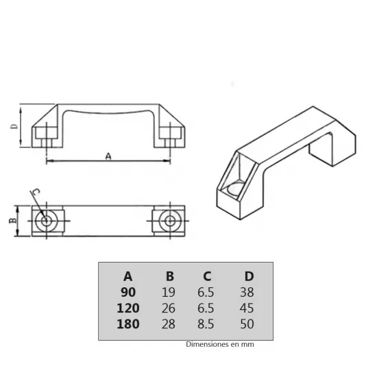 Asa de sujeción de aluminio – 90 mm entre orificios, Ø6,5 mm