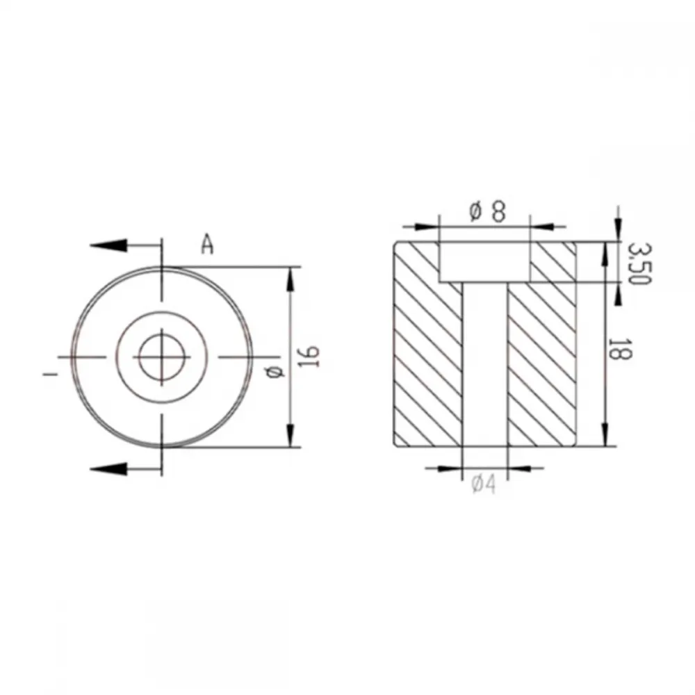 Plano dimensional del separador de silicona para cama caliente de 18 por 16 mm y orificio de 4 mm
