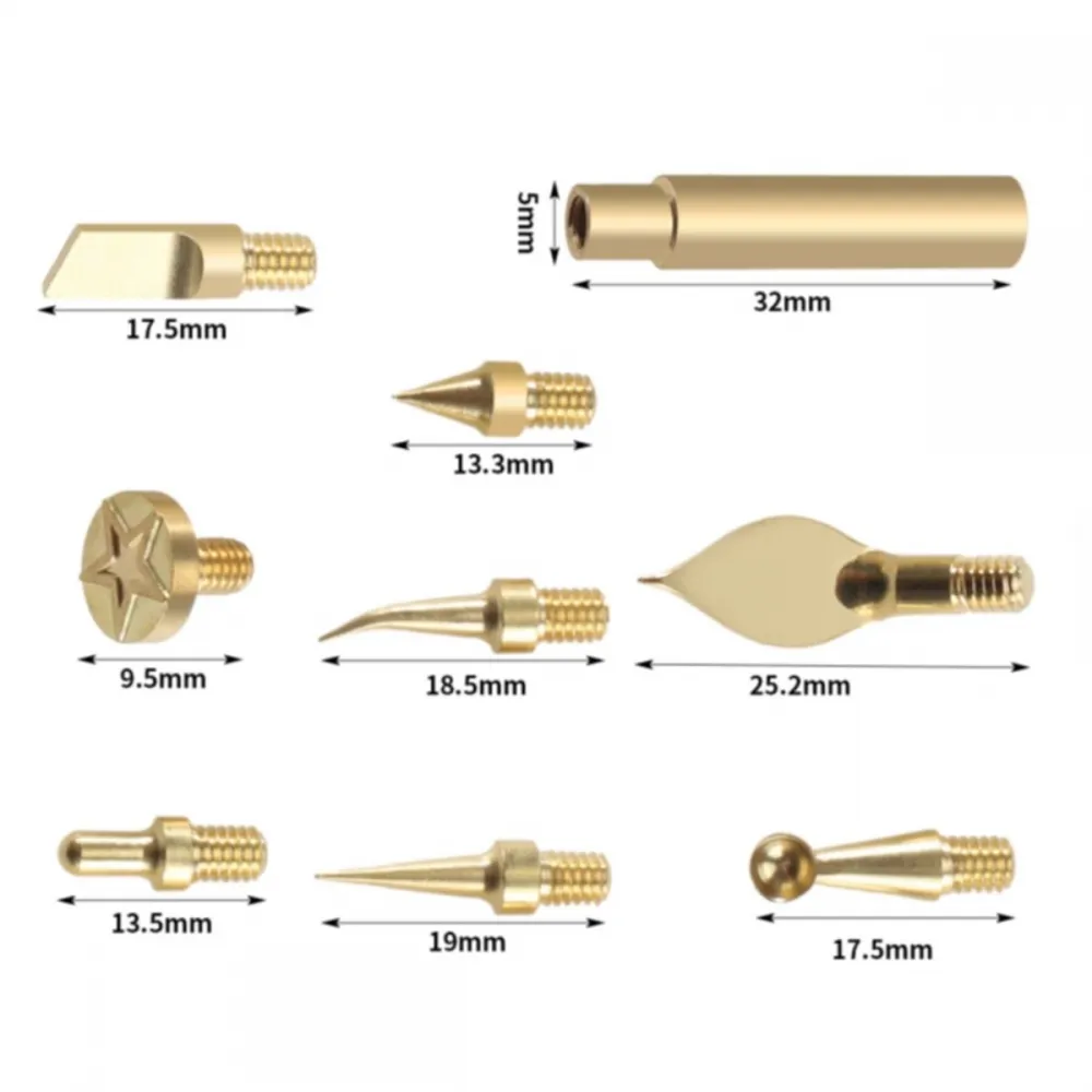 Plano con medidas de las ocho puntas para modelar plástico y del adaptador de 32 mm