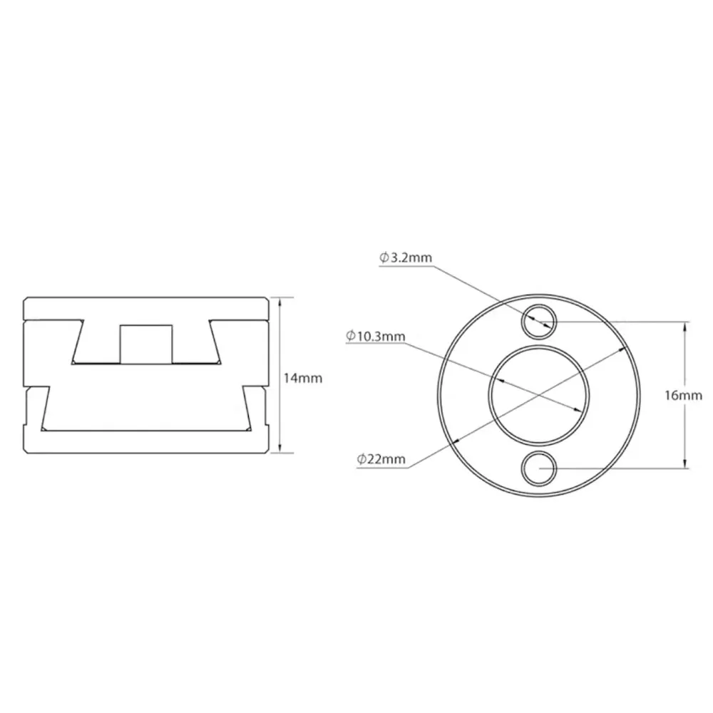 Dimensional drawing of the Oldham coupler for a T8 lead-screw nut