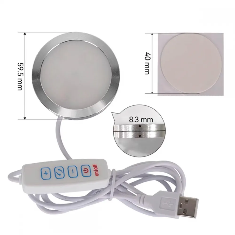 Medidas de la lámpara LED USB, mando de regulación y adhesivo circular de 40 mm