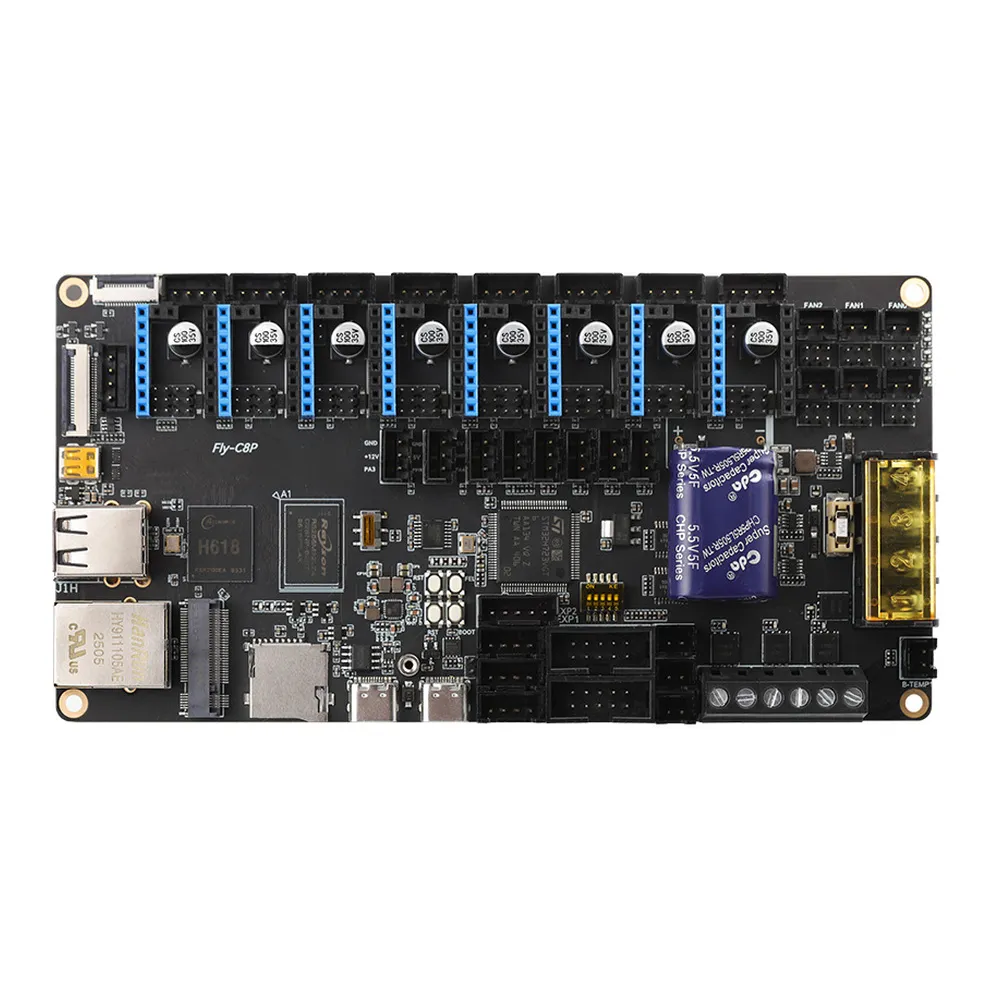 Vista frontal FLY C8Pro para localizar conectores, zócalos de driver y selectores sobre el PCB