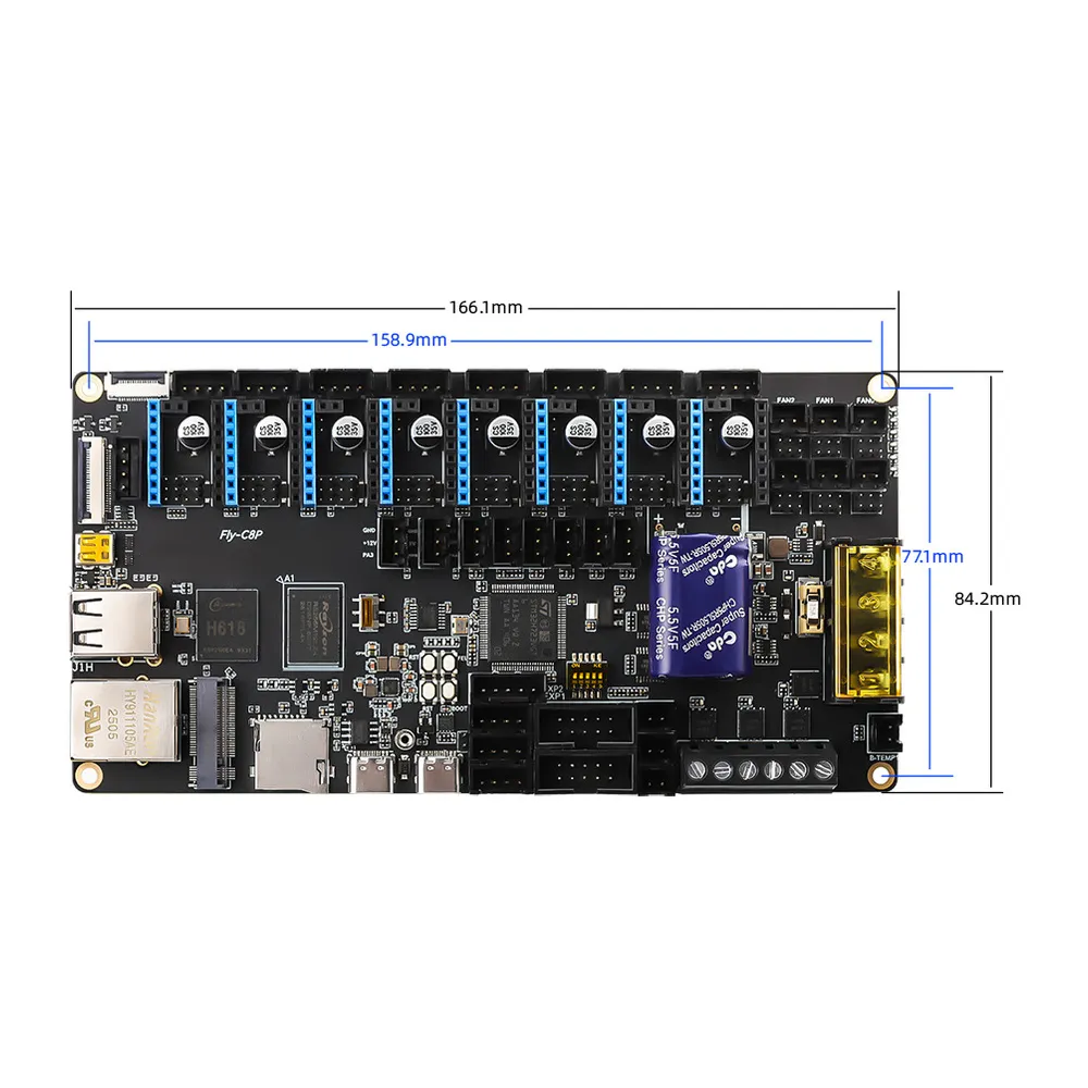 Plano dimensional FLY C8Pro: PCB de 166,1 por 84,2 mm y separación de fijaciones de 158,9 por 77,1 mm