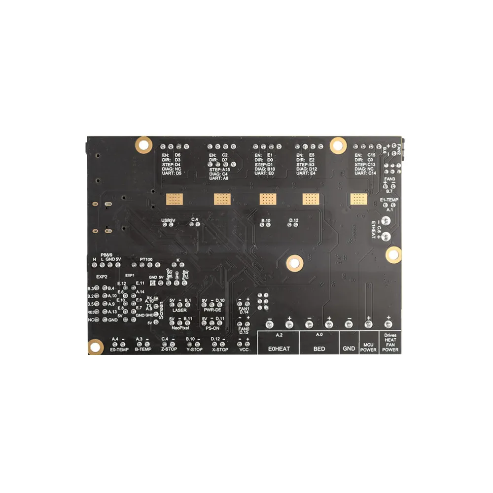 Reverso del PCB FLY E3 PRO Ultra con la serigrafía de conexiones de motores, señales y alimentación