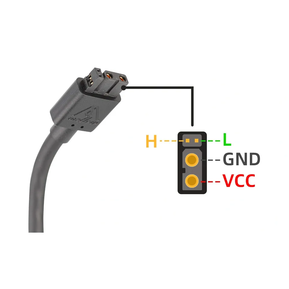 Contactos H, L, GND y VCC del conector XT30 de alimentación y CAN