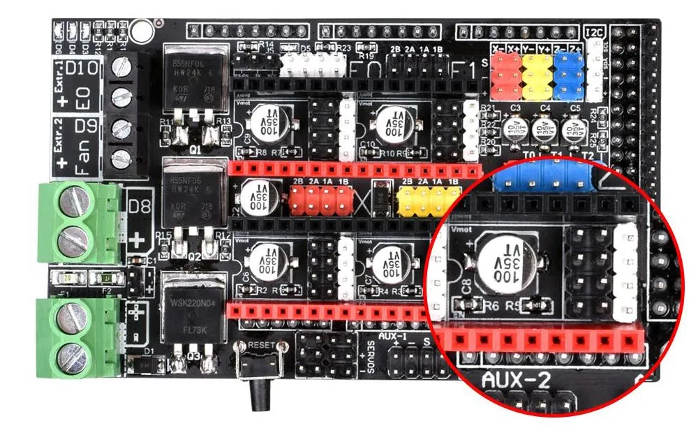 Close-up of the configuration pins under the RAMPS 1.6+ driver sockets