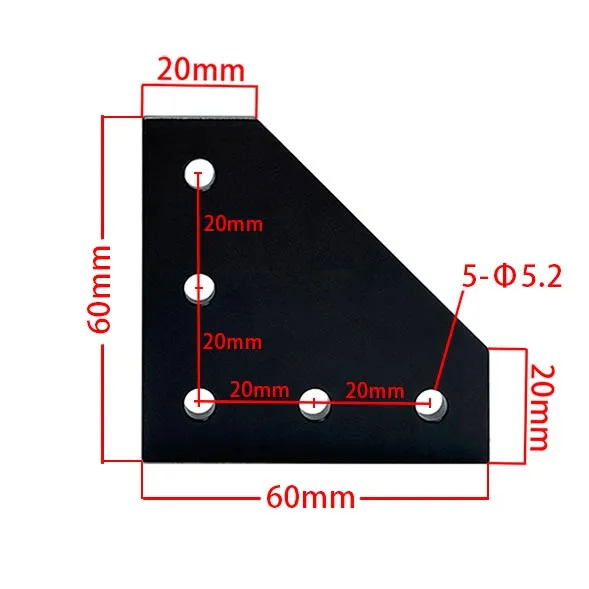 Plano dimensional de la placa exterior en L de 60 × 60 mm con cinco orificios de 5,2 mm para perfiles serie 20